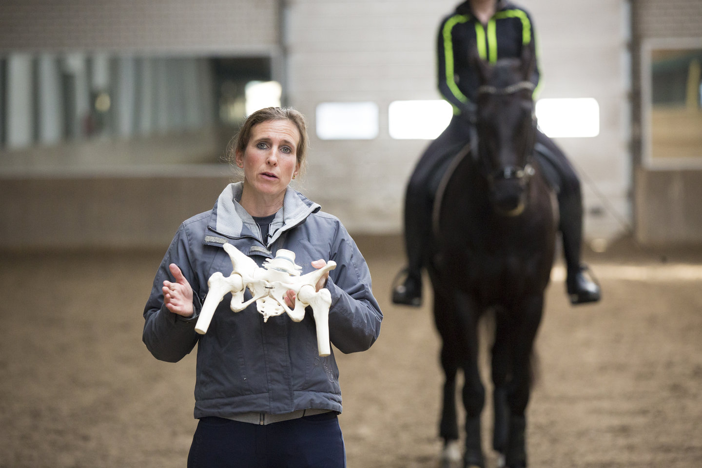 Roos Dyson toont een skeletmodel van de heupen met gewrichten en zitbeenknobbels