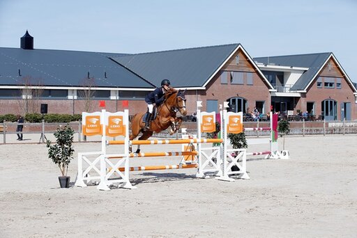 dinja van liere juicht terwijl ze op hermes zit, na het winnen van de nederlandse titel