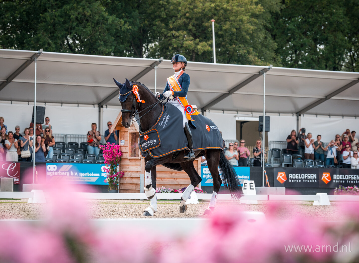 manegehouder sandra melten loopt naast een aantal ruiters met hun paard